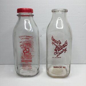 Vintage Set 2 Straus Family Creamery & Grants Dairy Glass Bottles With Red Caps